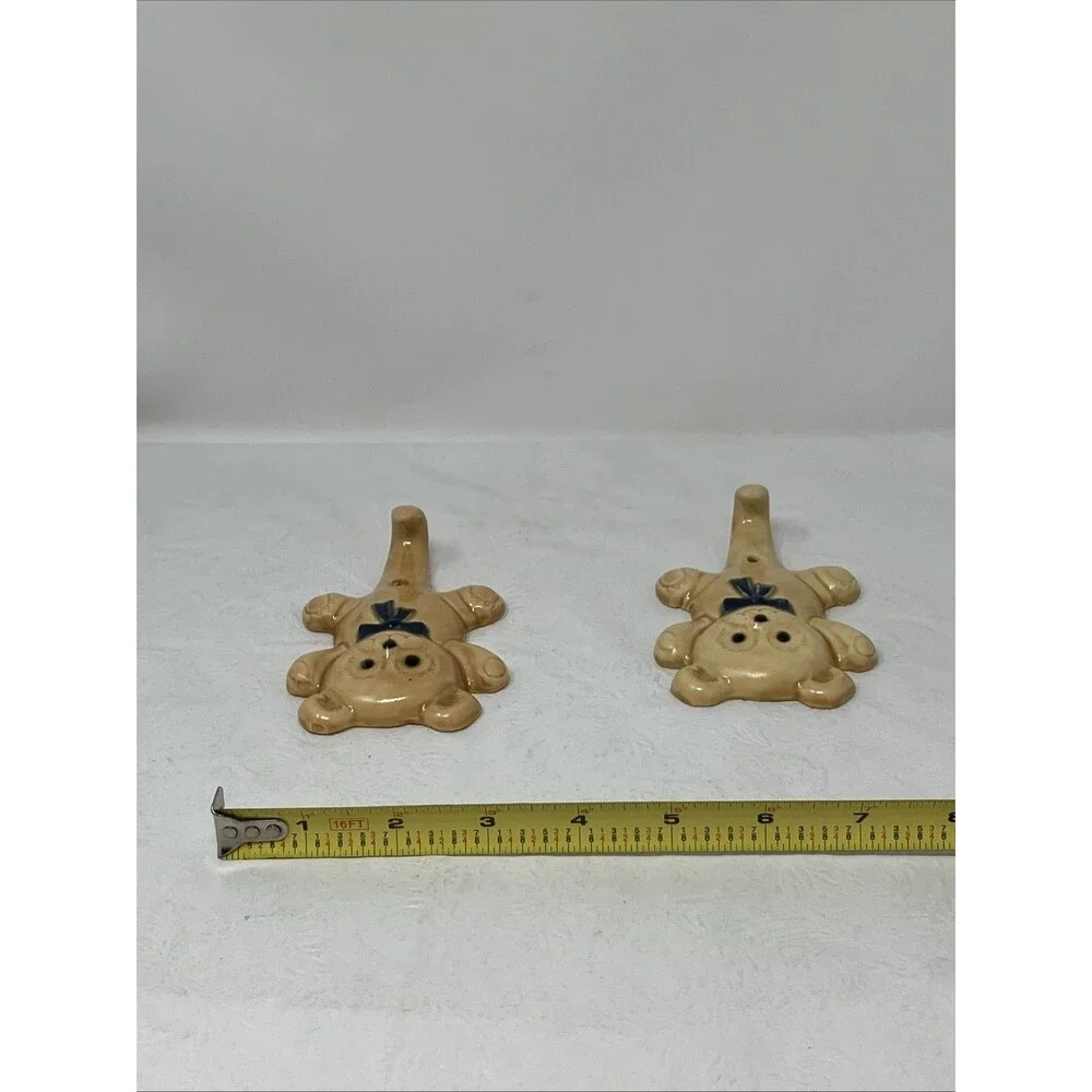 2 VTG Ceramic Teddy Bear w Blue Bow Wall Hook Hangers Set Baby Boy Nursery Beige